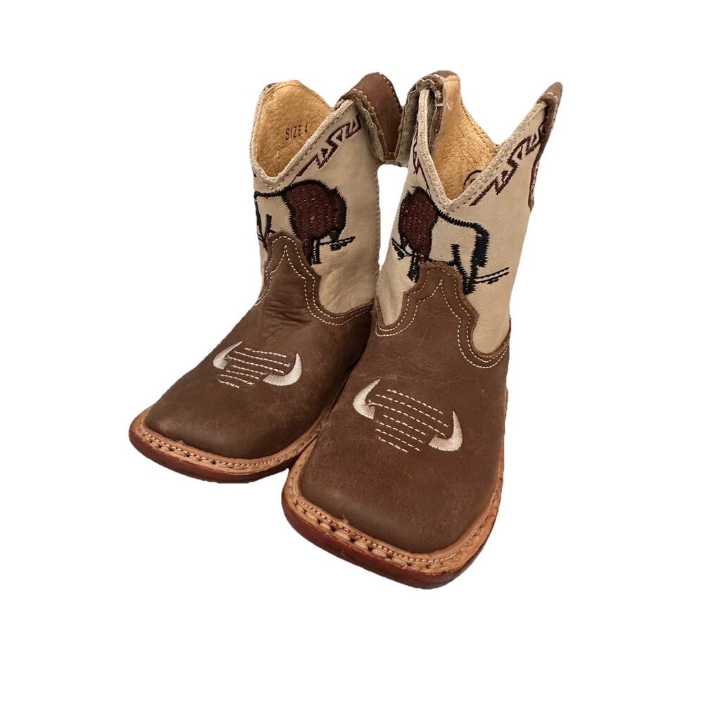 Roper Cowbabies Brown Leather Buffalo Longhorn Western Boots Infant Size 4